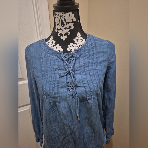 Talbots Blue Smocked Tie Front Blouse - Picture 2 of 7